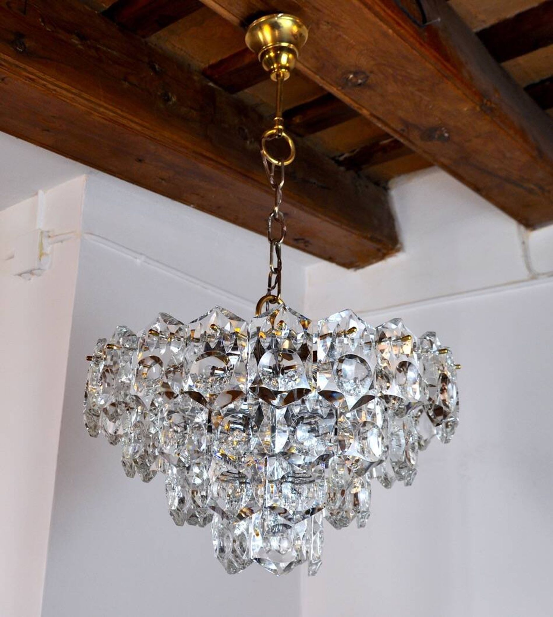 Kinkeldey golden chandelier, cut glass, 4 levels, Germany, 1970