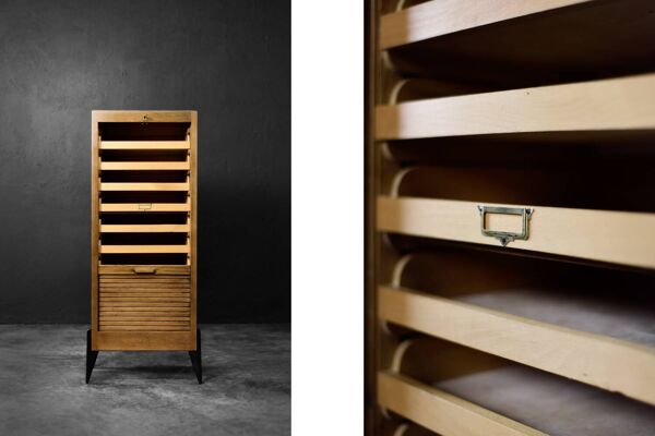 Vintage Industrial Danish Roller Shutter Brown Oak Cabinet with Drawers