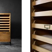 Vintage Industrial Danish Roller Shutter Brown Oak Cabinet with Drawers