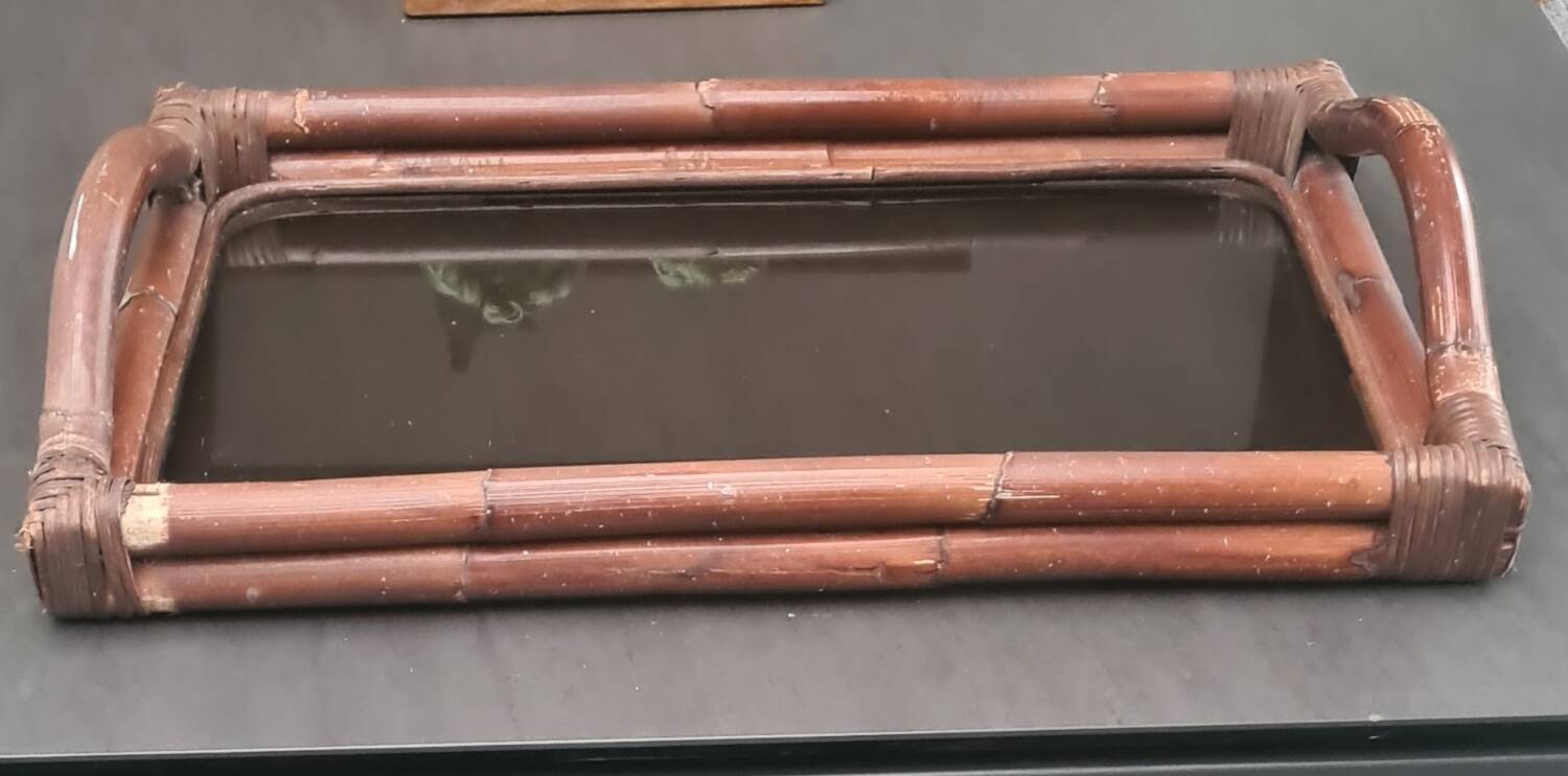 Rattan, bamboo and smoked glass tray
