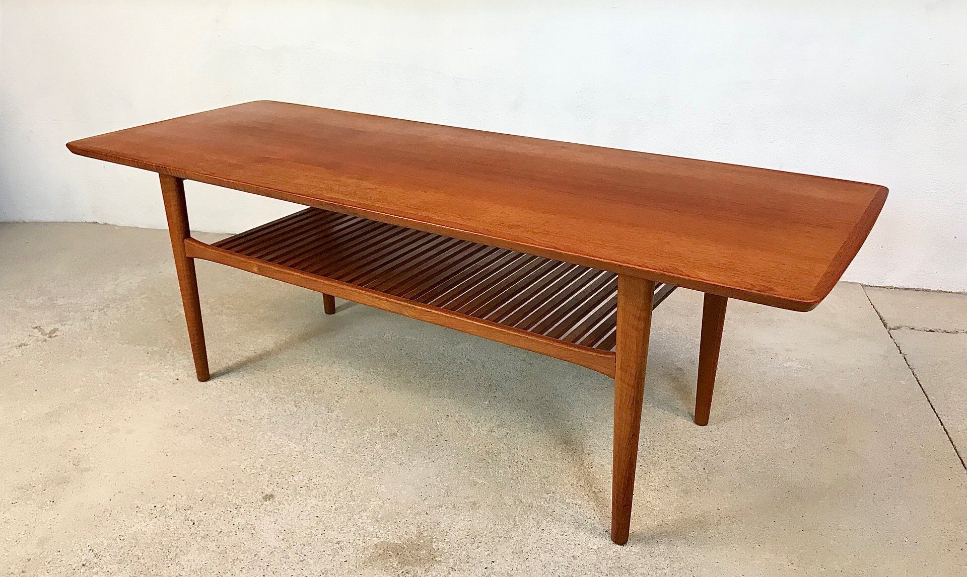 Scandinavian teak coffee table with slatted shelf, Denmark 1960s