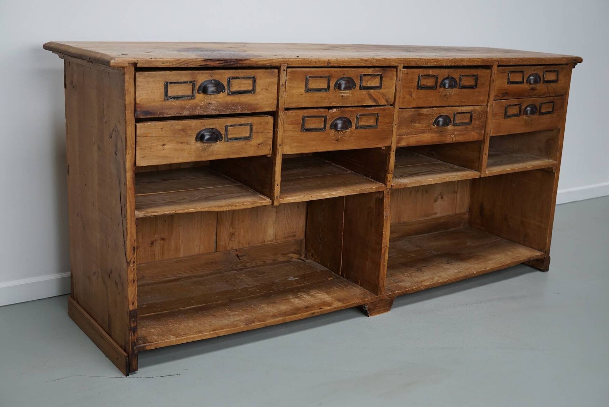Vintage rustic German pine apothecary cabinet / shop counter, 1930s