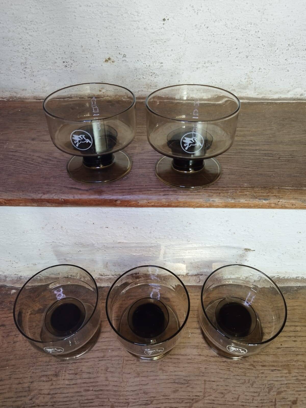 Set of 5 Pegasus Mobil Oil smoked glass cups