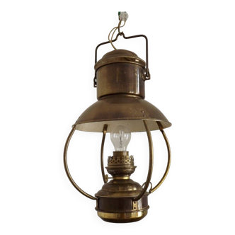 Old French Vintage Brass Trawler Hanging Lantern Converted To Electricity 4736