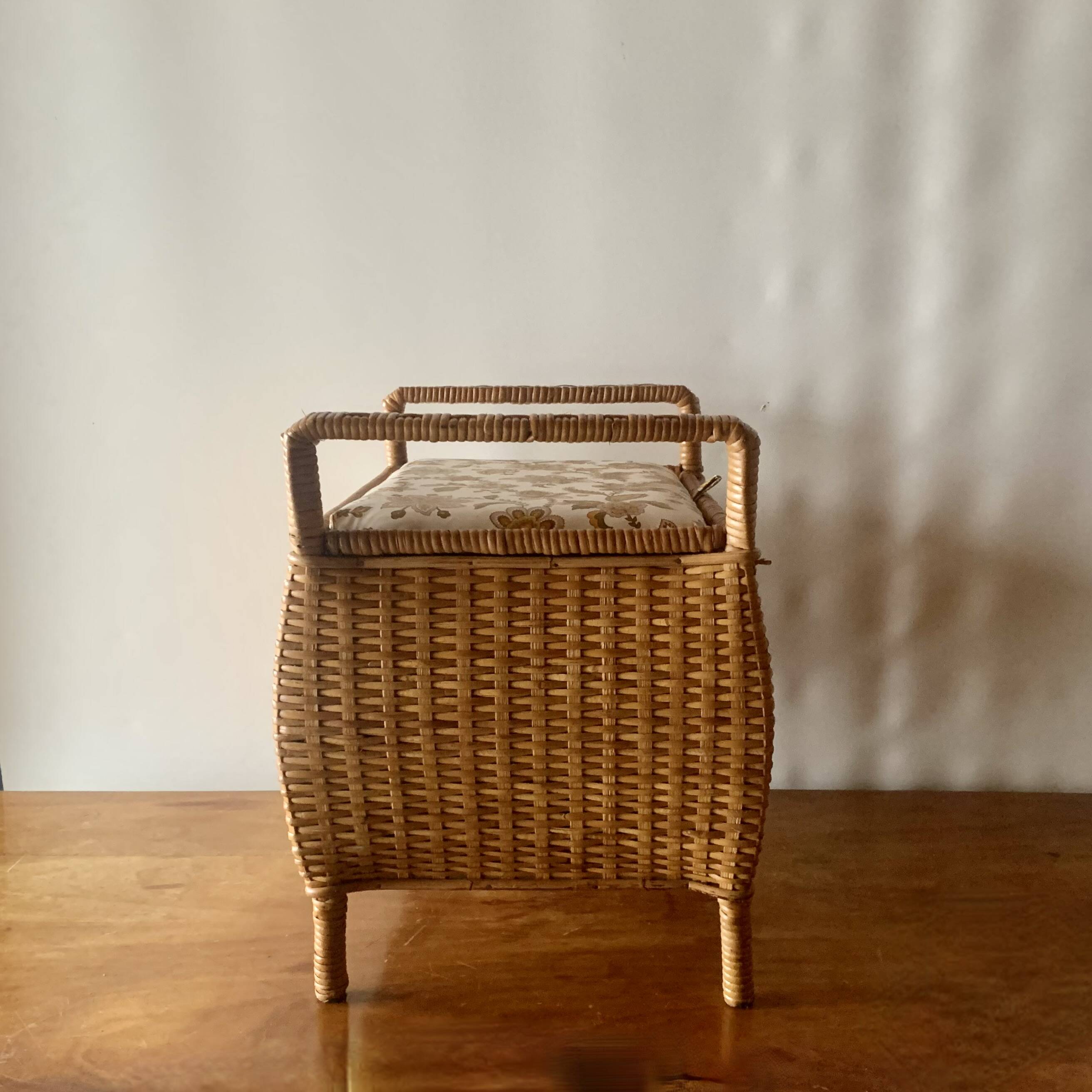 Large vintage rattan and wicker sewing basket with floral decor seat