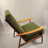 Fauteuil scandinave – revêtement vert, bois de hêtre, vintage
