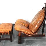 Brutalist oak lounge chair and ottoman, 1970s, set of 2