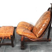 Brutalist oak lounge chair and ottoman, 1970s, set of 2