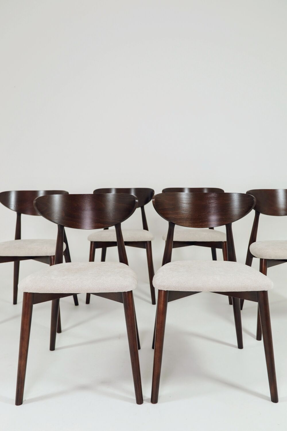 Modern Set of 6 Dining Chairs, Ecru Farbic and Dark walnut beech wood