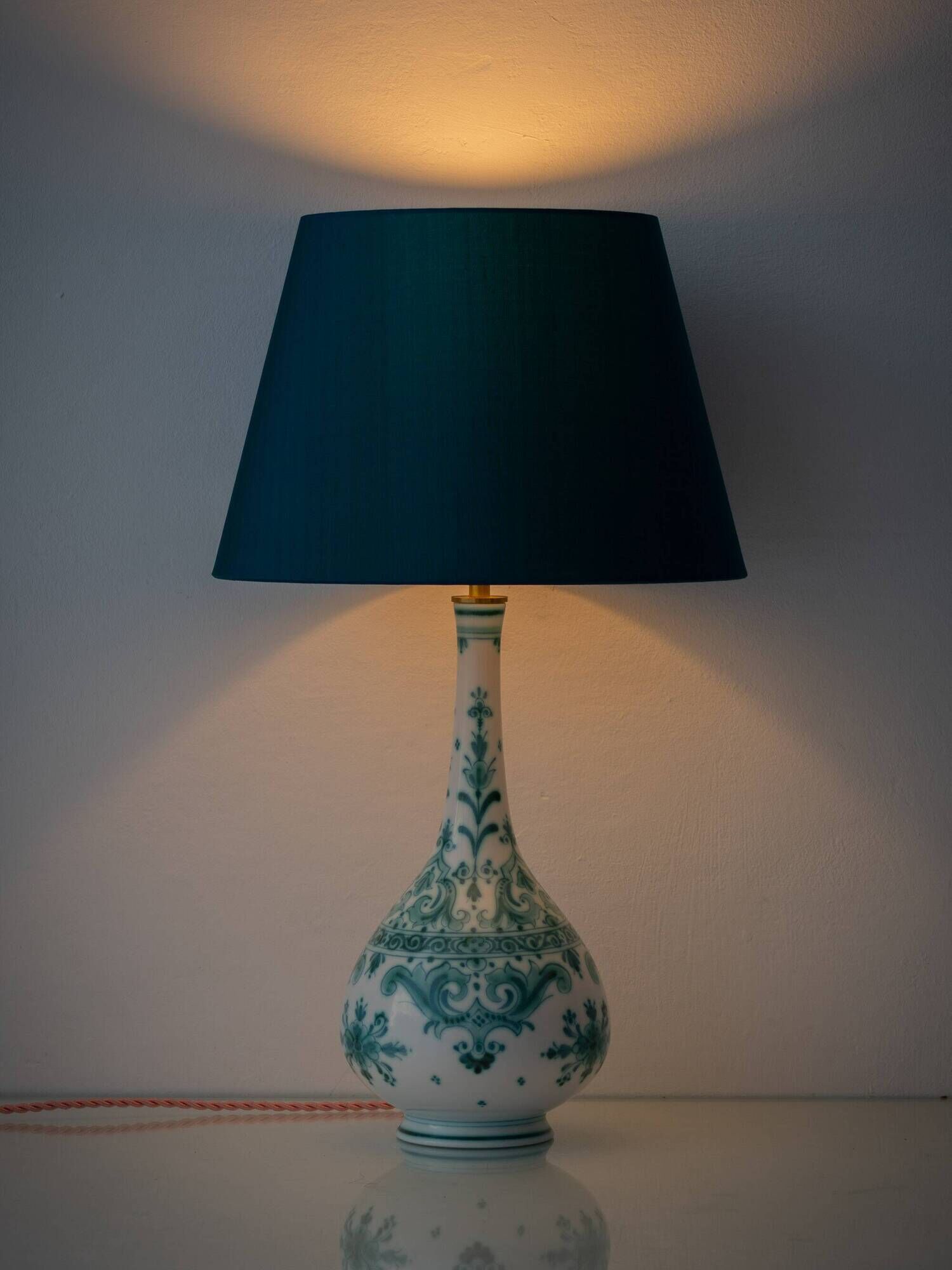 Vintage Royal Delft Ceramic Table Lamp, Rare Teal Delvert Glaze, New Lampshade