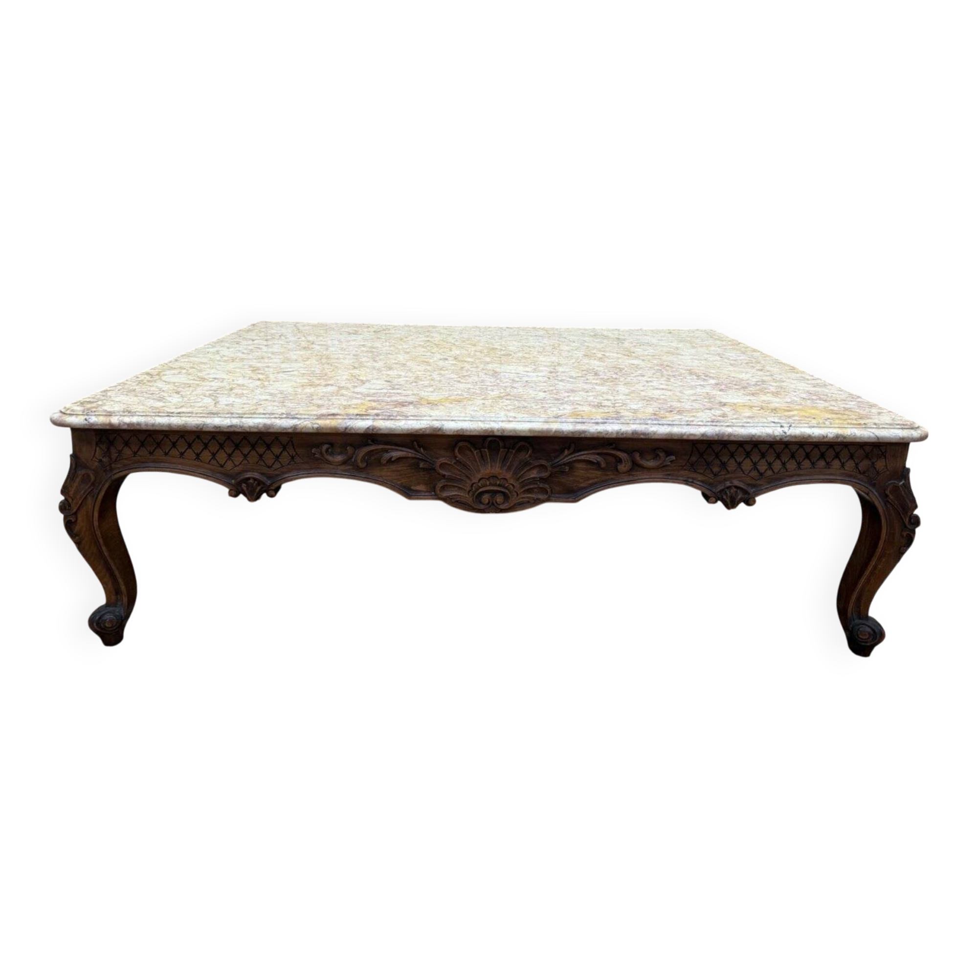 Louis XV style coffee table in walnut with a marble top.