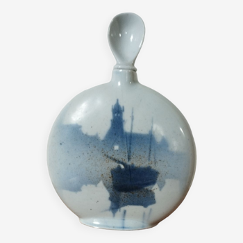Enameled ceramic soliflore vase, boat, signed Lainé
