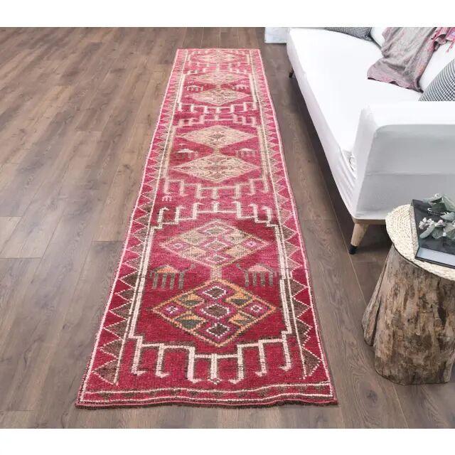 Vintage Pink Geometric Turkish Hand-Knotted Runner 80x361