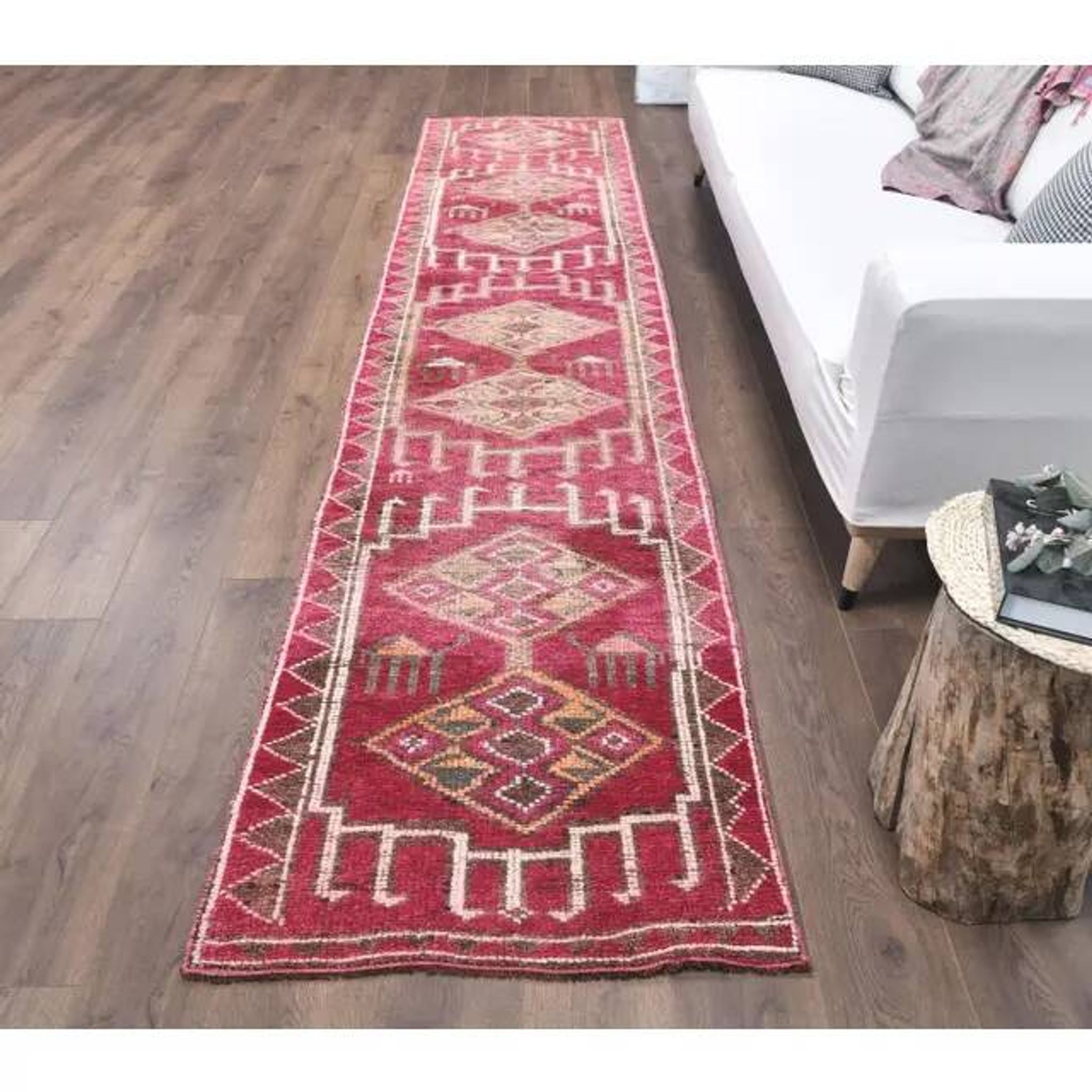Vintage Pink Geometric Turkish Hand-Knotted Runner 80x361
