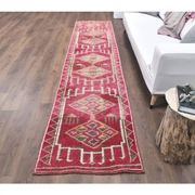 Vintage Pink Geometric Turkish Hand-Knotted Runner 80x361