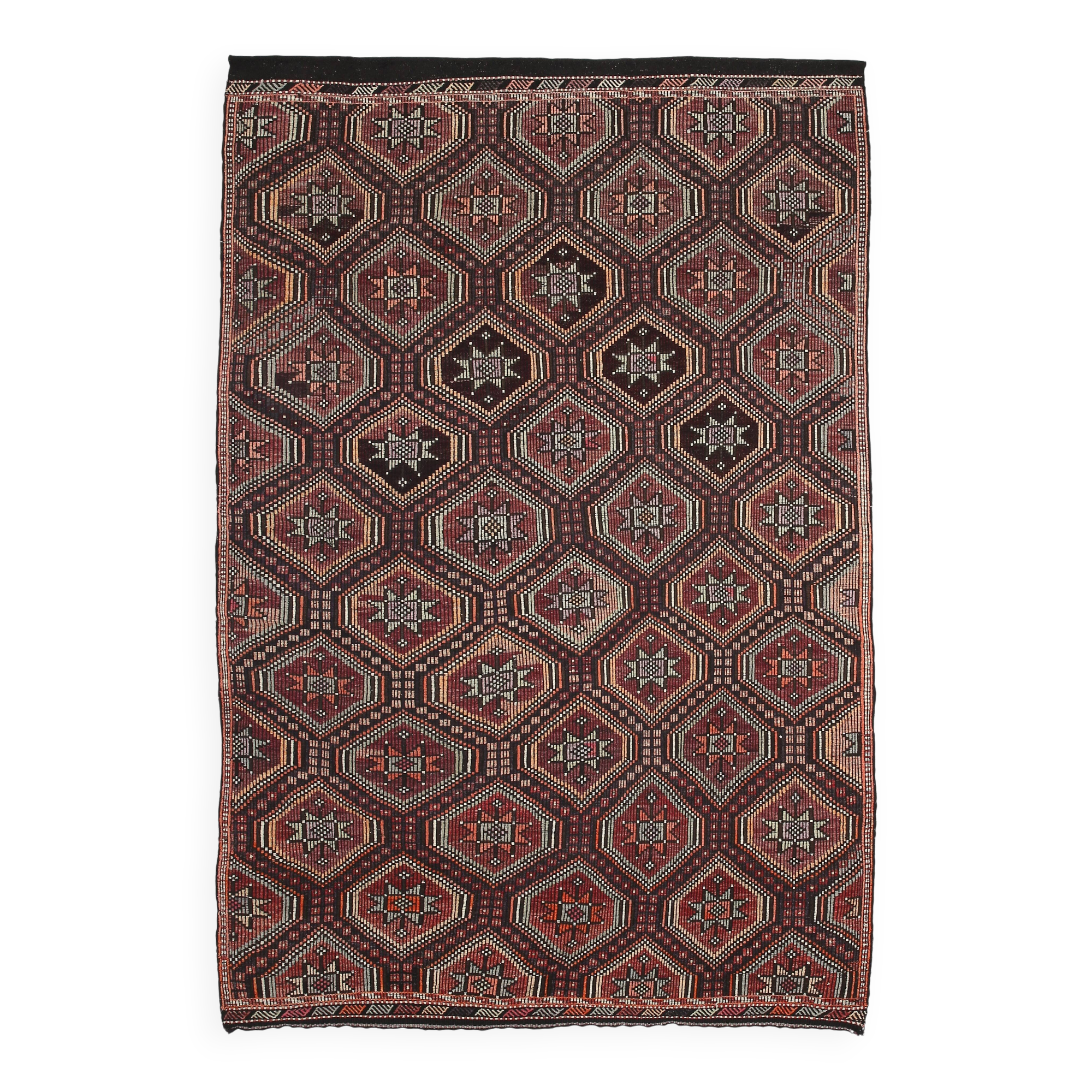 7x11 Kilim Dark Brown Large Area Handwoven Kilim Rug, 218x320 Cm