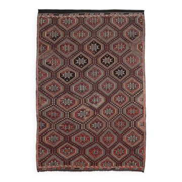 7x11 Kilim Dark Brown Large Area Handwoven Kilim Rug, 218x320 Cm
