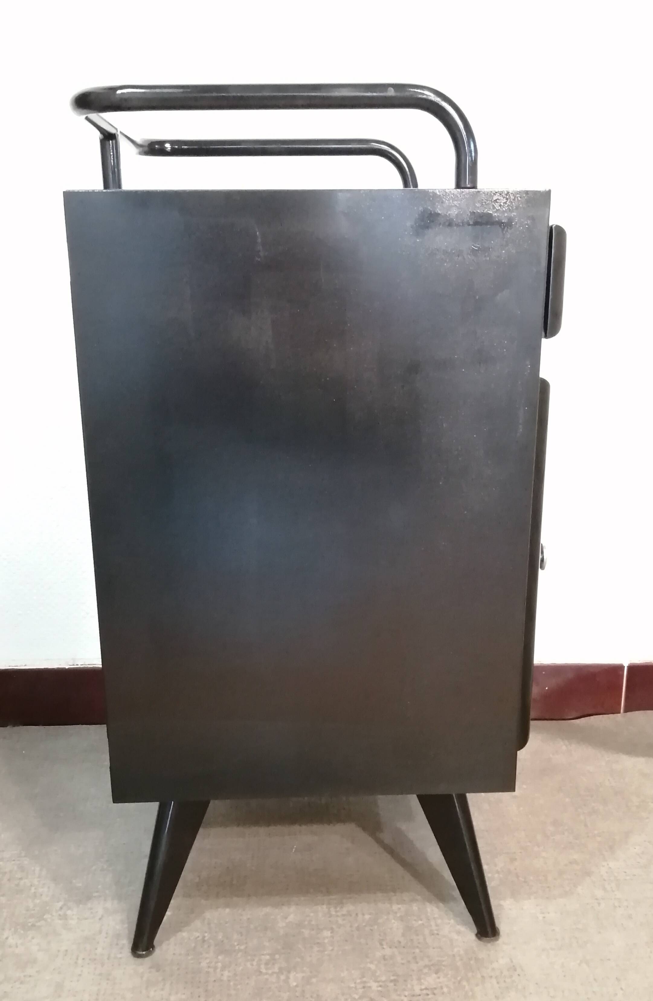 Black hospital/internment bedside table, all metal, compass legs, 1940s industrial.