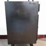 Black hospital/internment bedside table, all metal, compass legs, 1940s industrial.