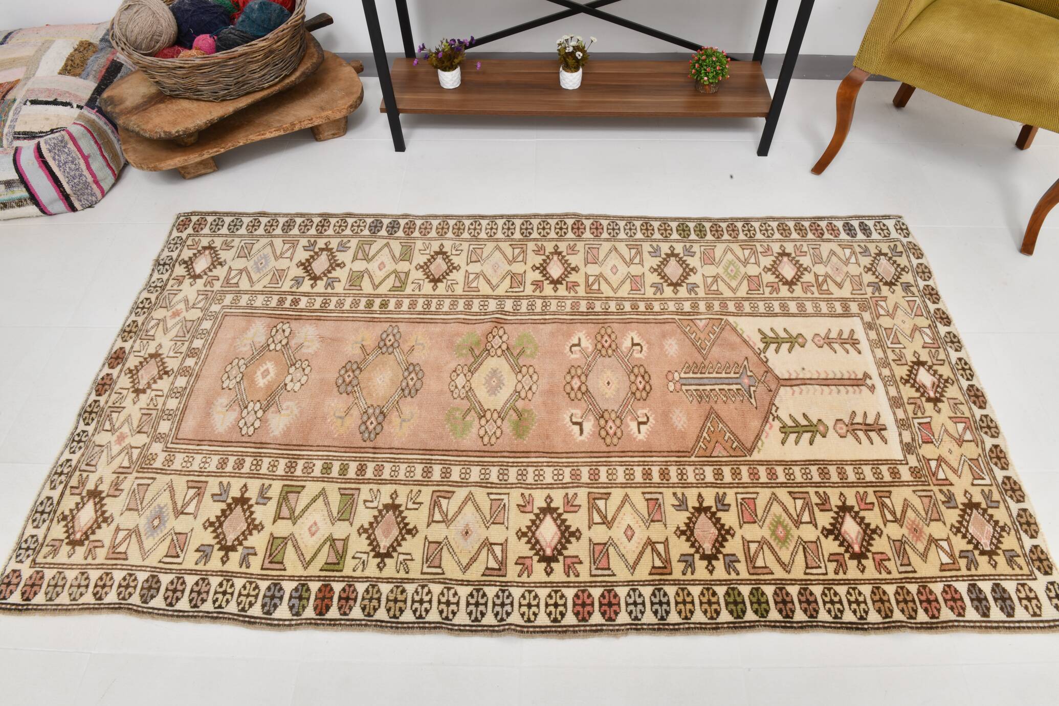 4x7 Cream & Brown Turkish Vintage Rug 120x211Cm SK 22198
