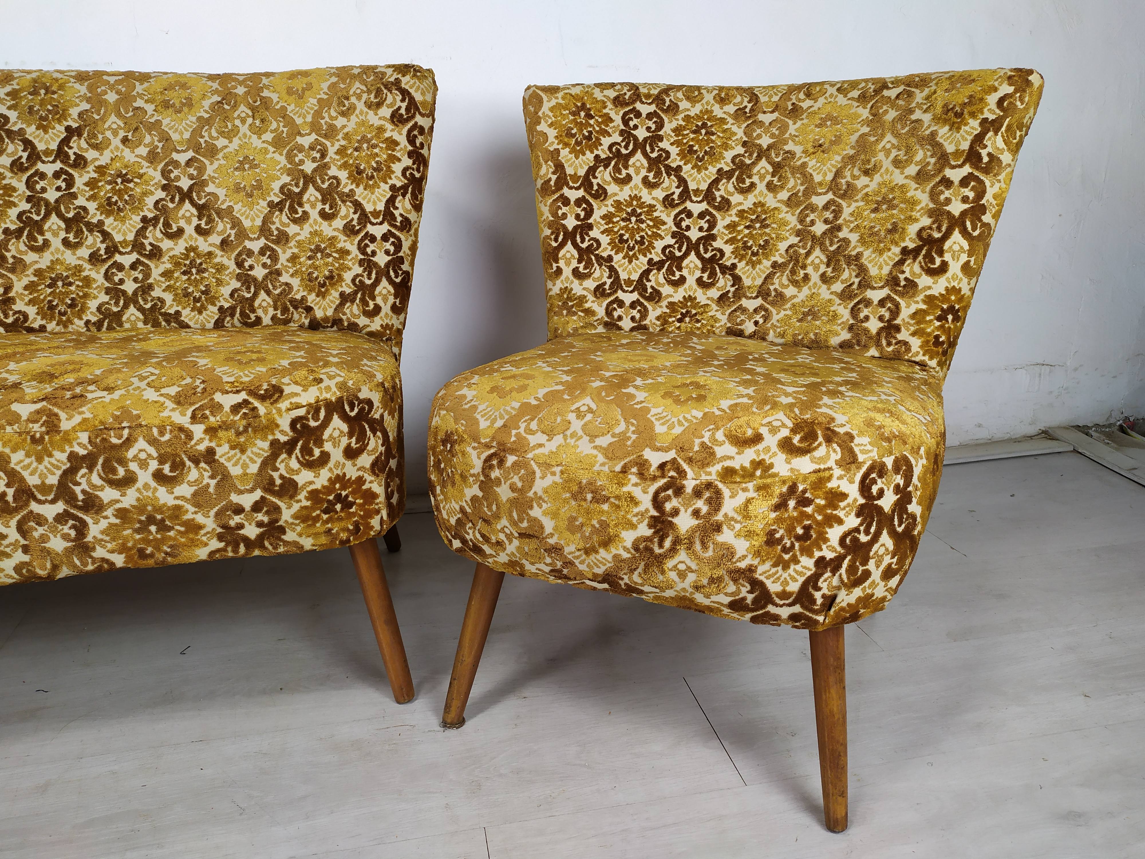 Bench and 2 vintage cocktail armchairs