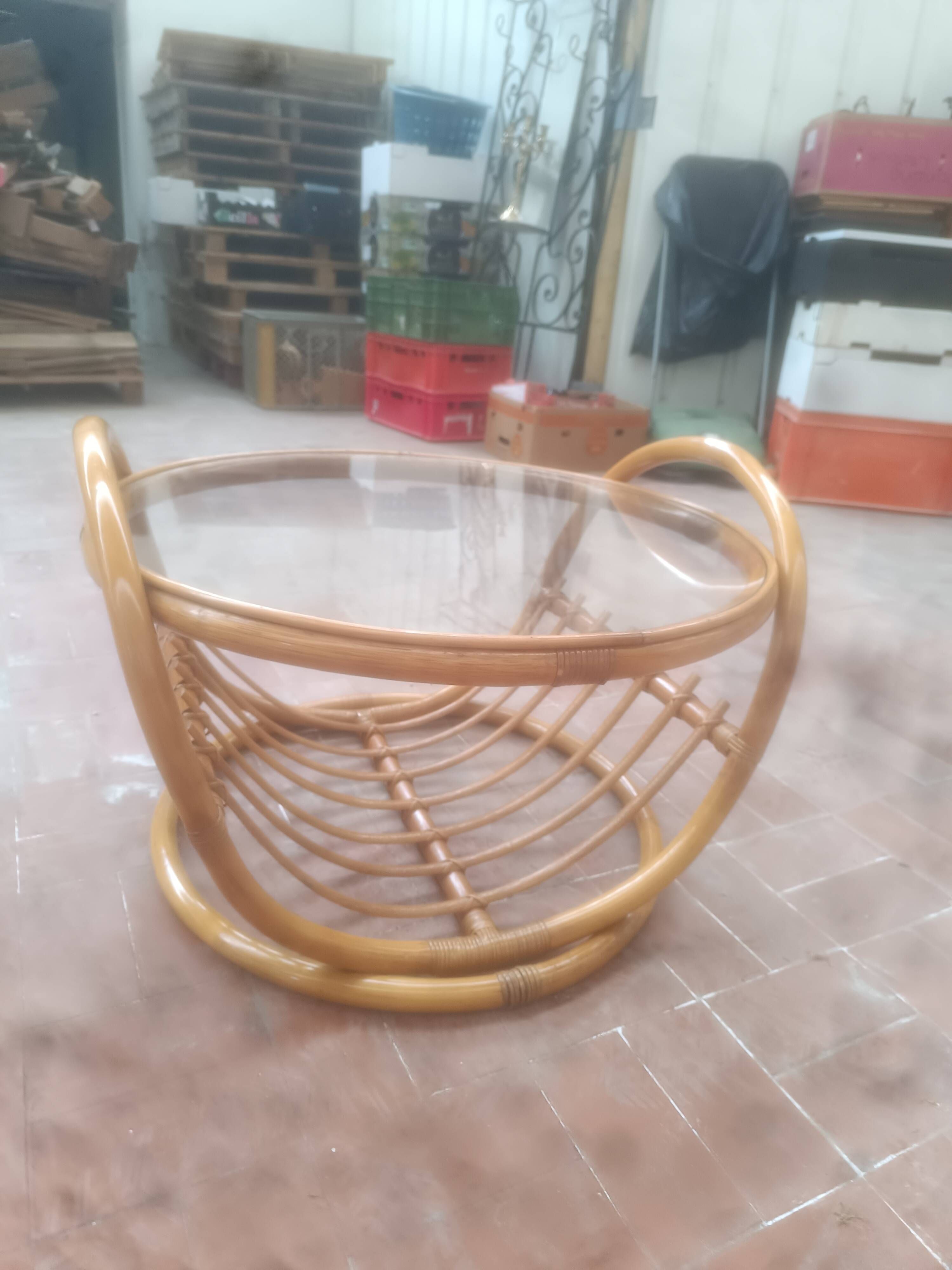 Round bamboo and glass table