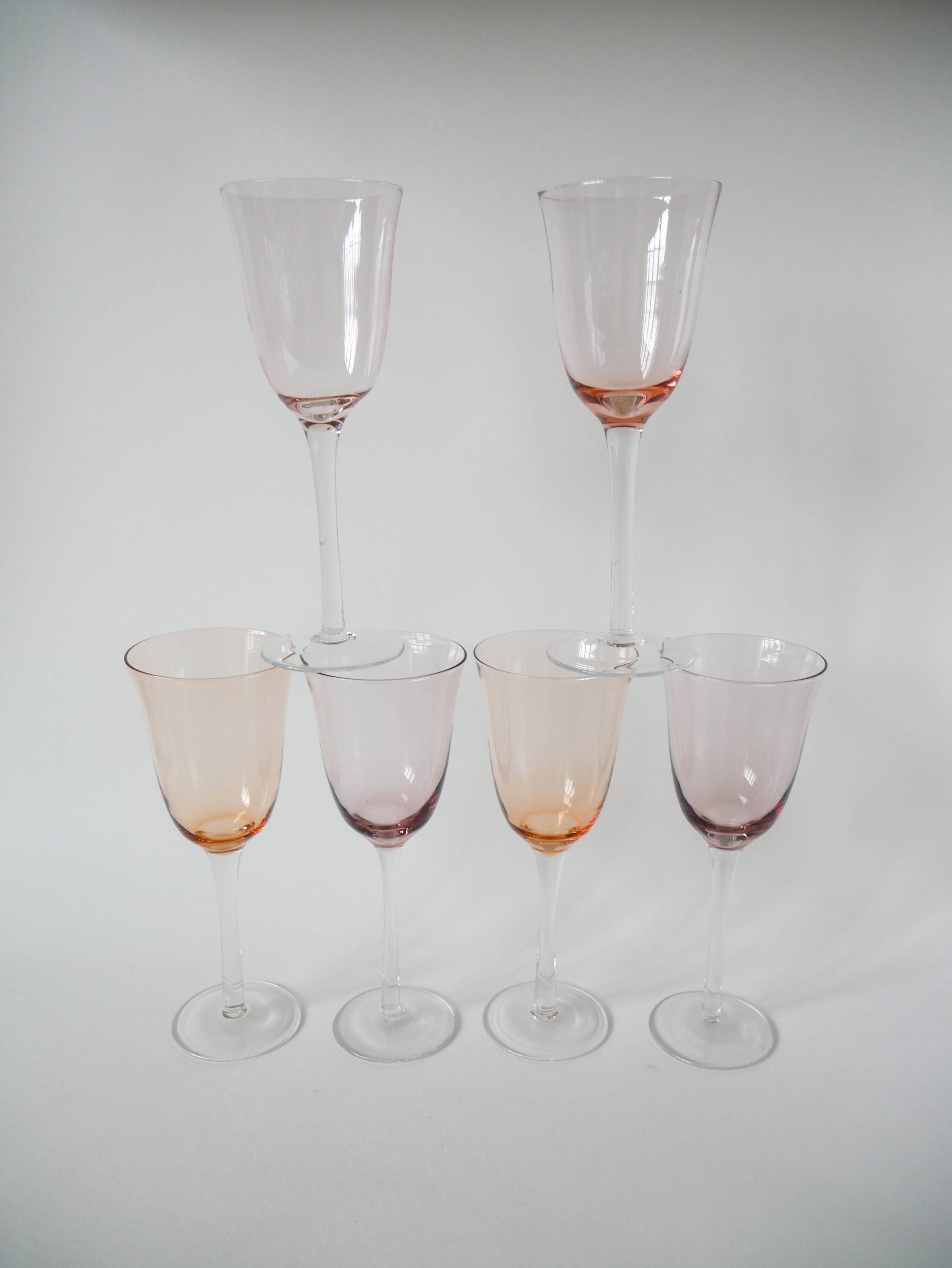 Set of 6 large colored pink and lilac wine glasses 1970