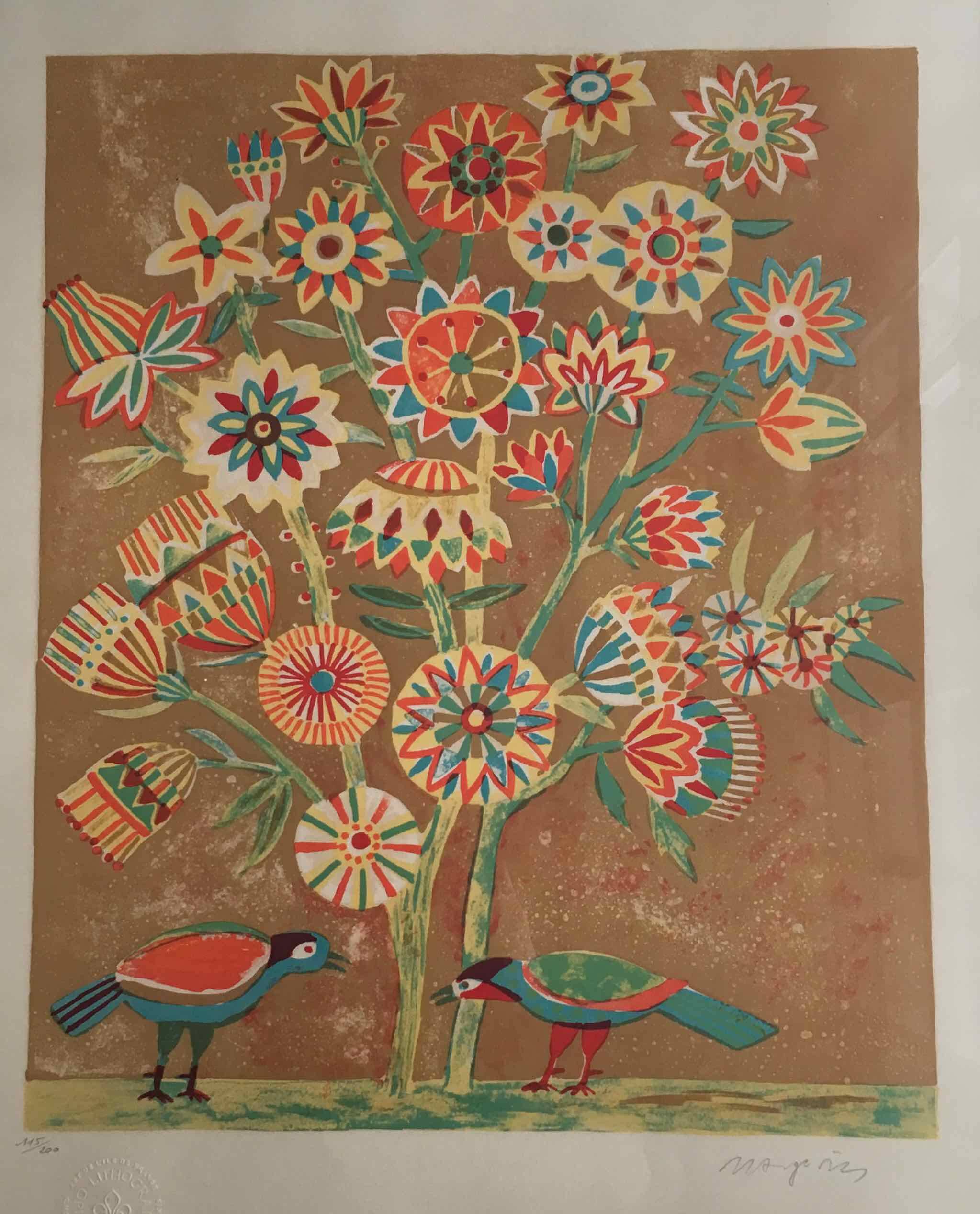 Lithograph signed Jacques Margerin The tree with flowers and birds 1960-70