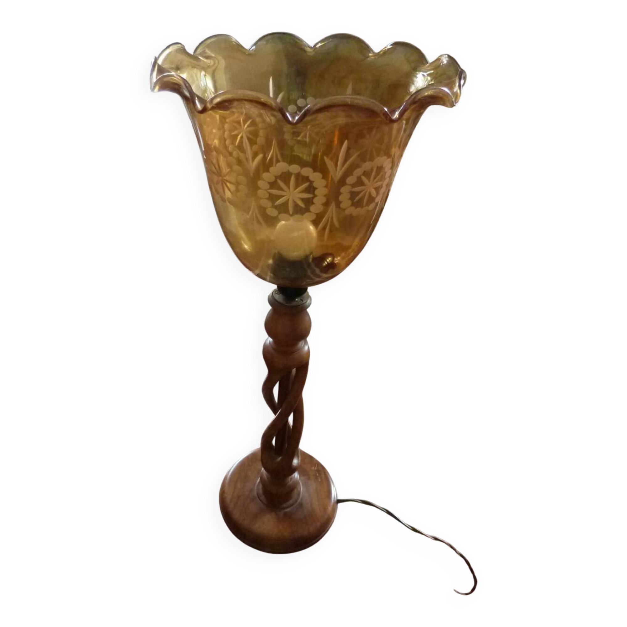 TWISTED WOODEN FLOOR LAMP, ENGRAVED GLASS GLOBE