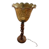 TWISTED WOODEN FLOOR LAMP, ENGRAVED GLASS GLOBE