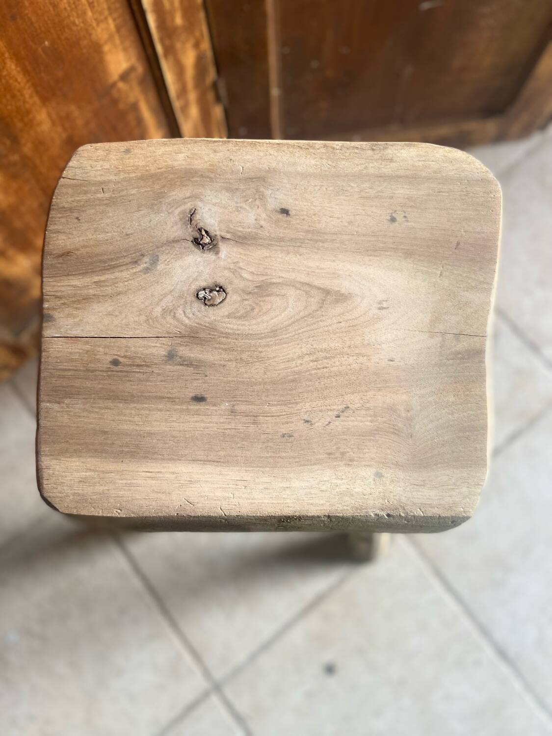 Antique brutalist stool in solid oak