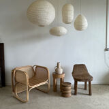 Suspension in rattan and japanese natural linen in the shape of a lantern h50 d30
