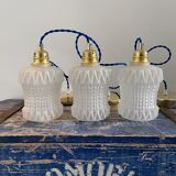 Set of three vintage electrified white glass pendant lamps with new