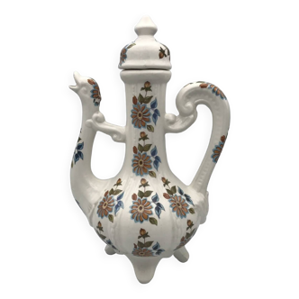 Pichet ewer with zoomorphe handle in earthenware, polychrome floral decoration