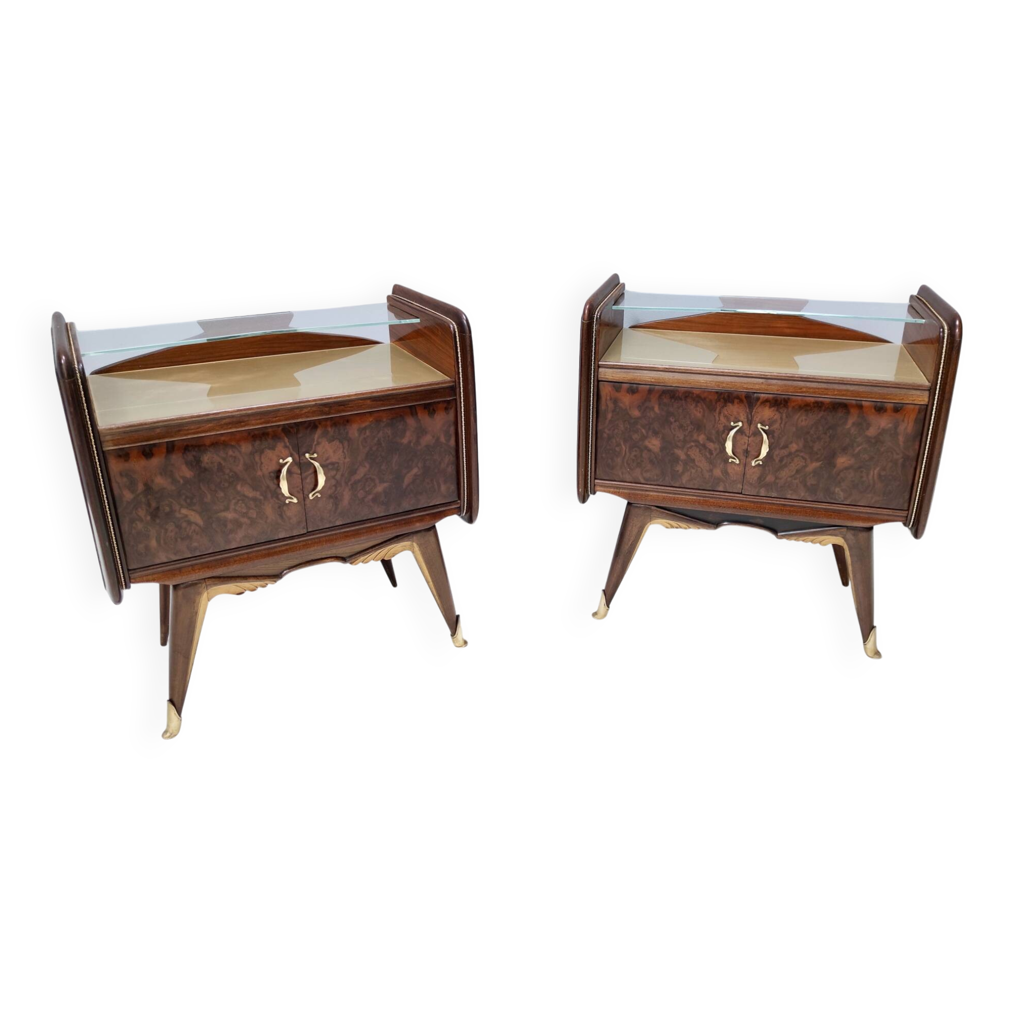Pair of Walnut Nightstands with Golden Back-Painted Glass Top, Italy