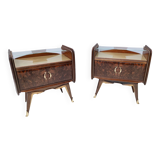 Pair of Walnut Nightstands with Golden Back-Painted Glass Top, Italy