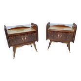 Pair of Walnut Nightstands with Golden Back-Painted Glass Top, Italy