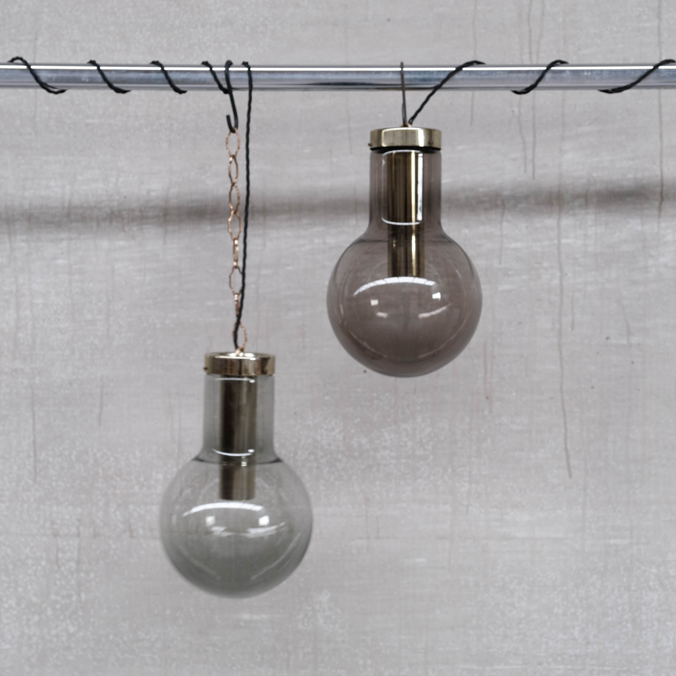 Smoked mid-century glass and brass pendant light by raak