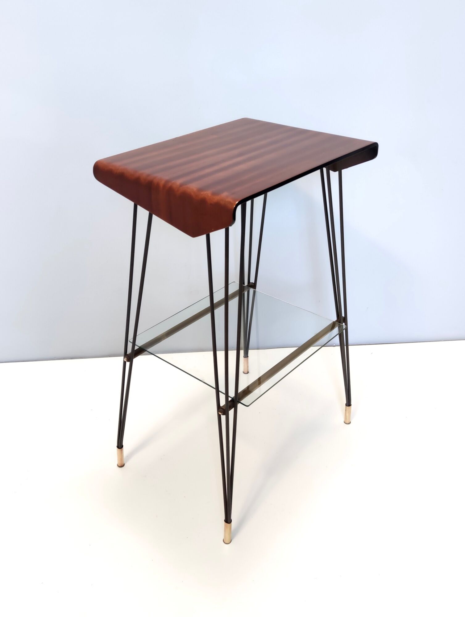 Vintage tv stand/ side table with an ebonized beech top and an iron frame, italy