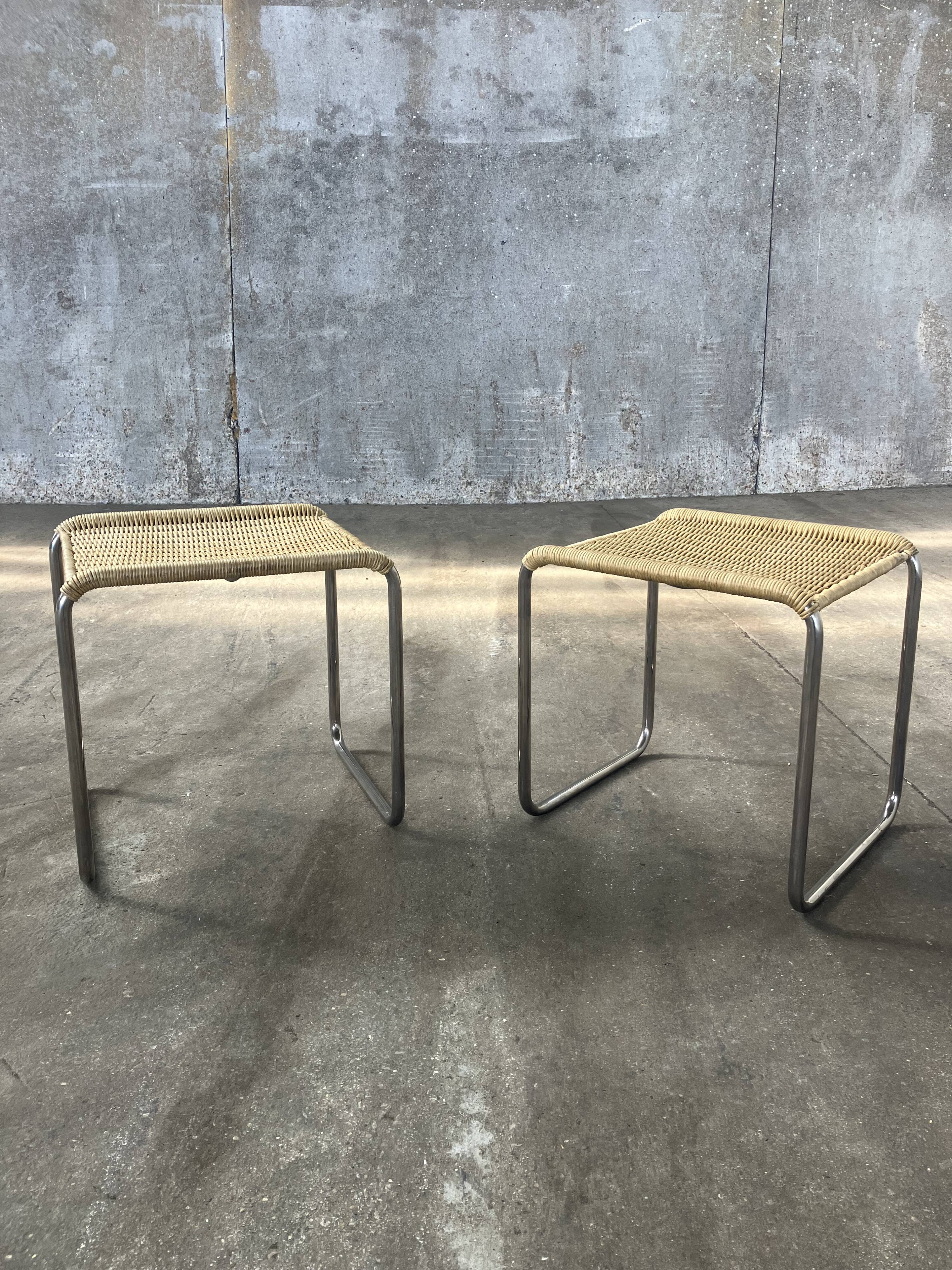 Pair of vintage 1970s wicker/chrome stools