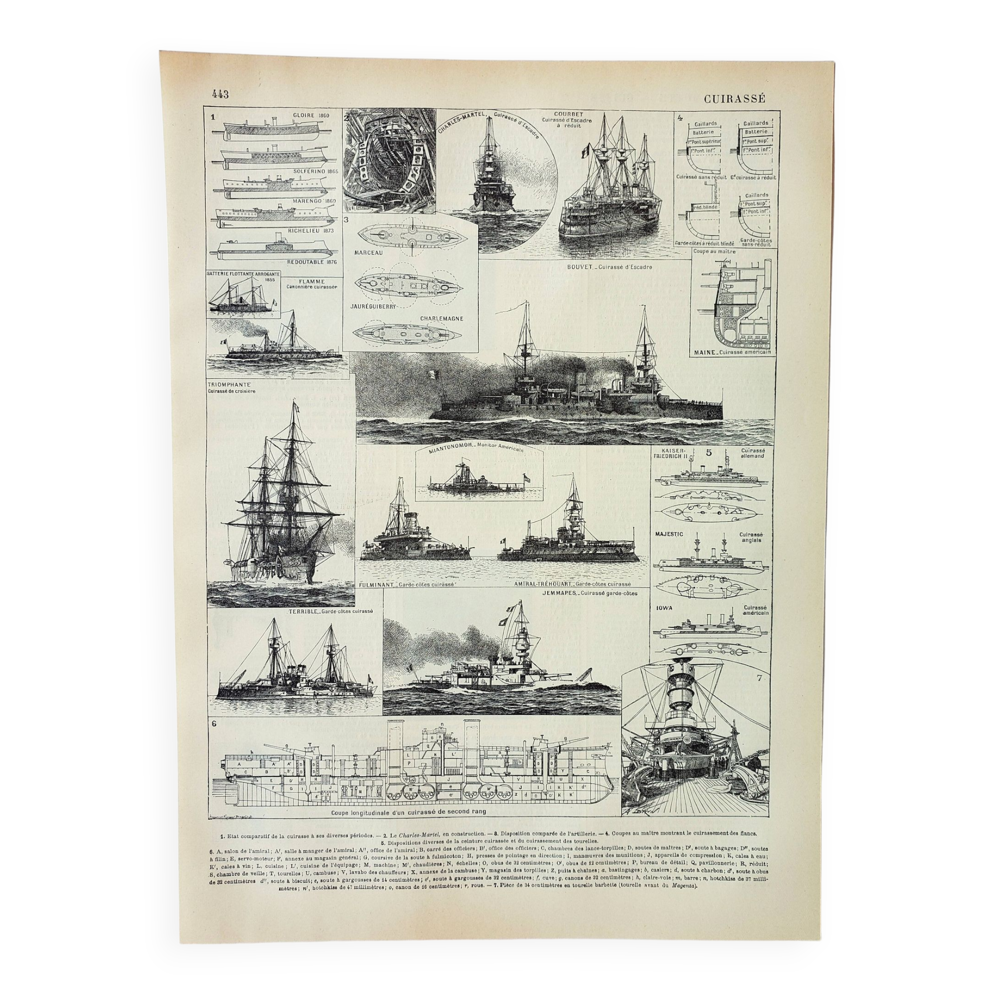 Old engraving 1898, Old battleship, ship, navy • Lithograph, Original plate