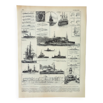 Gravure ancienne 1898, Cuirassé ancien, navire, marine • Lithographie, Planche originale