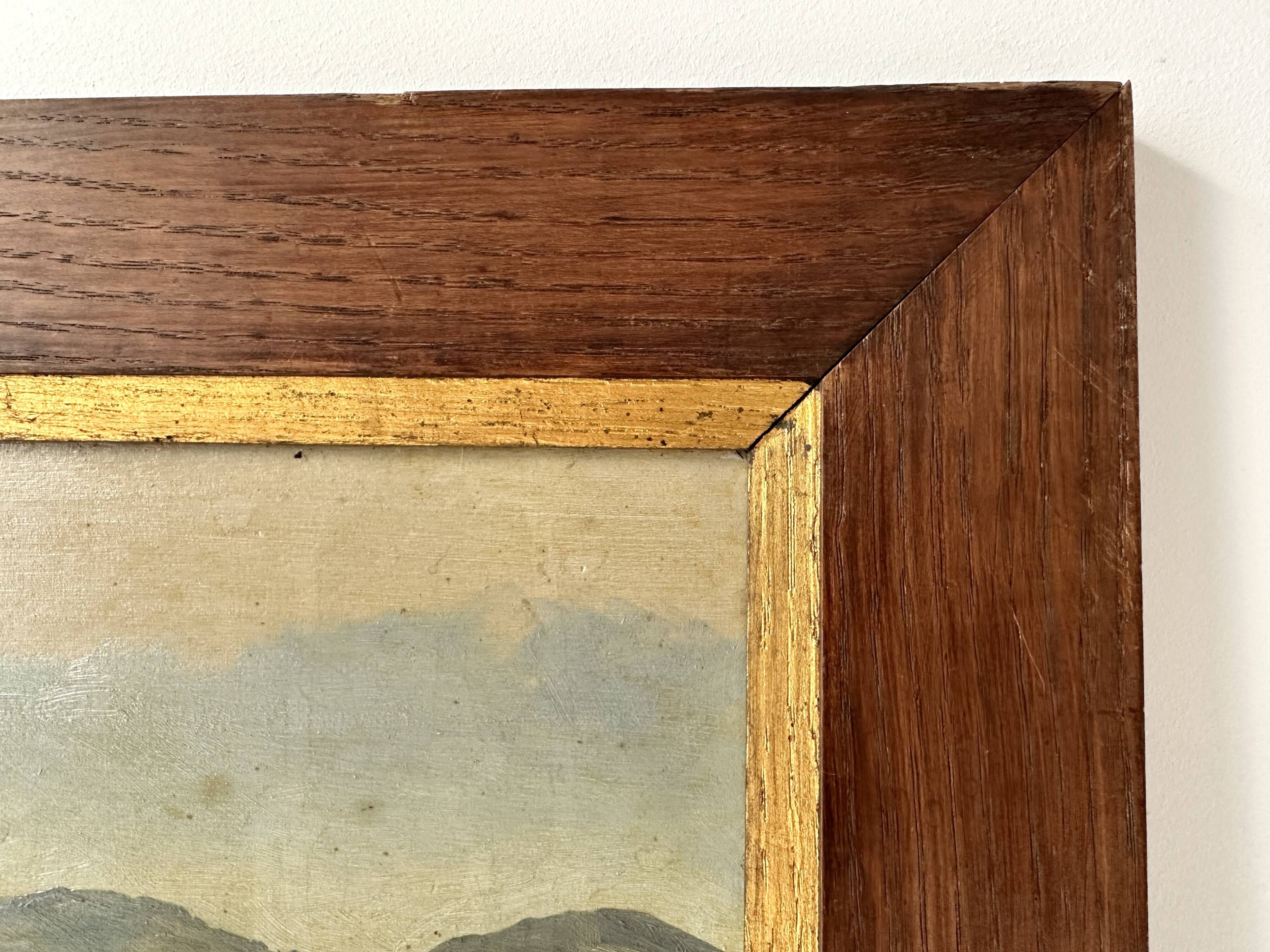 Old oil painting of a landscape on panel from 1920, haystacks.