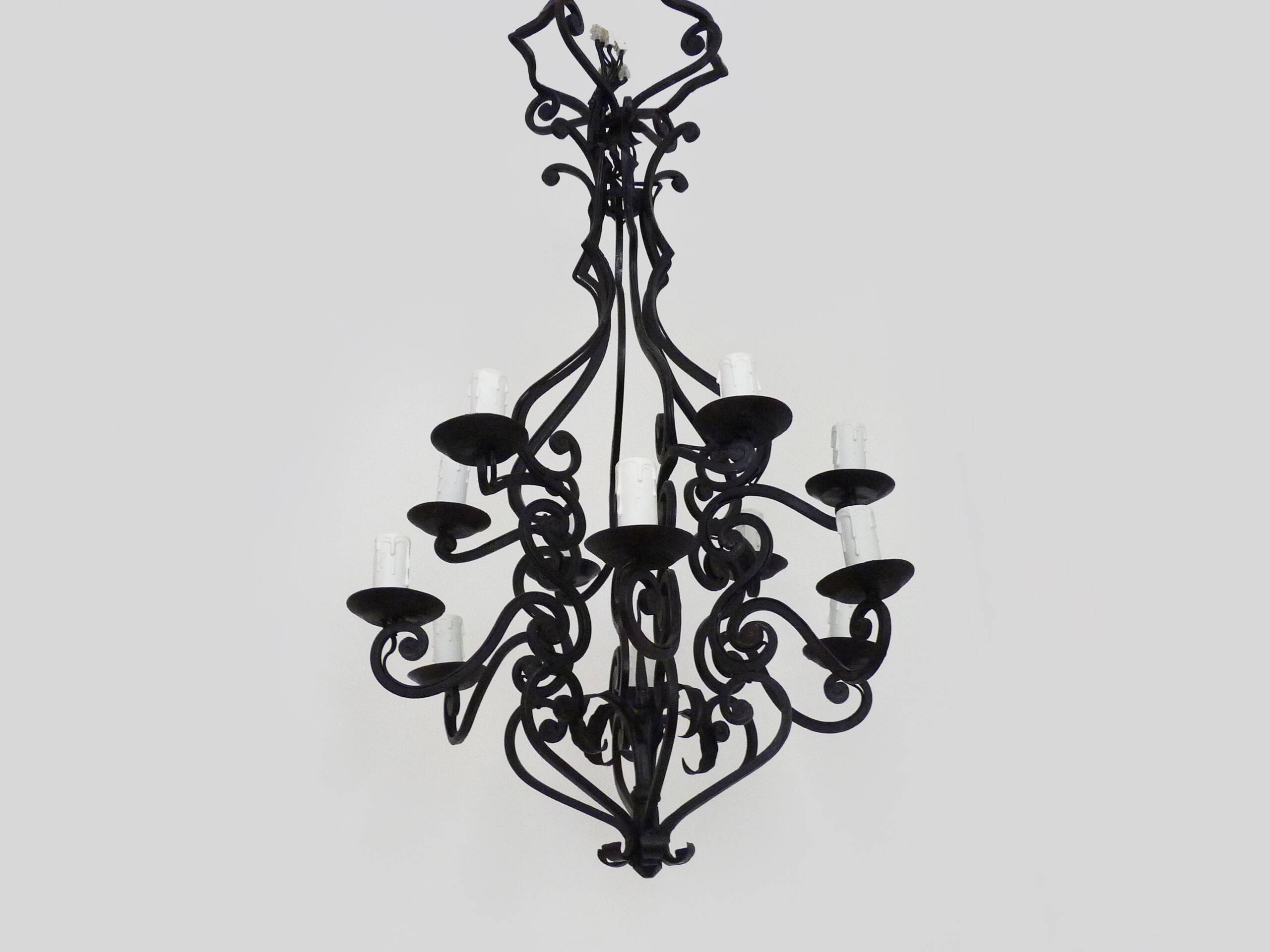 Large 12-light wrought iron hall or living room chandelier. 1960s-70s