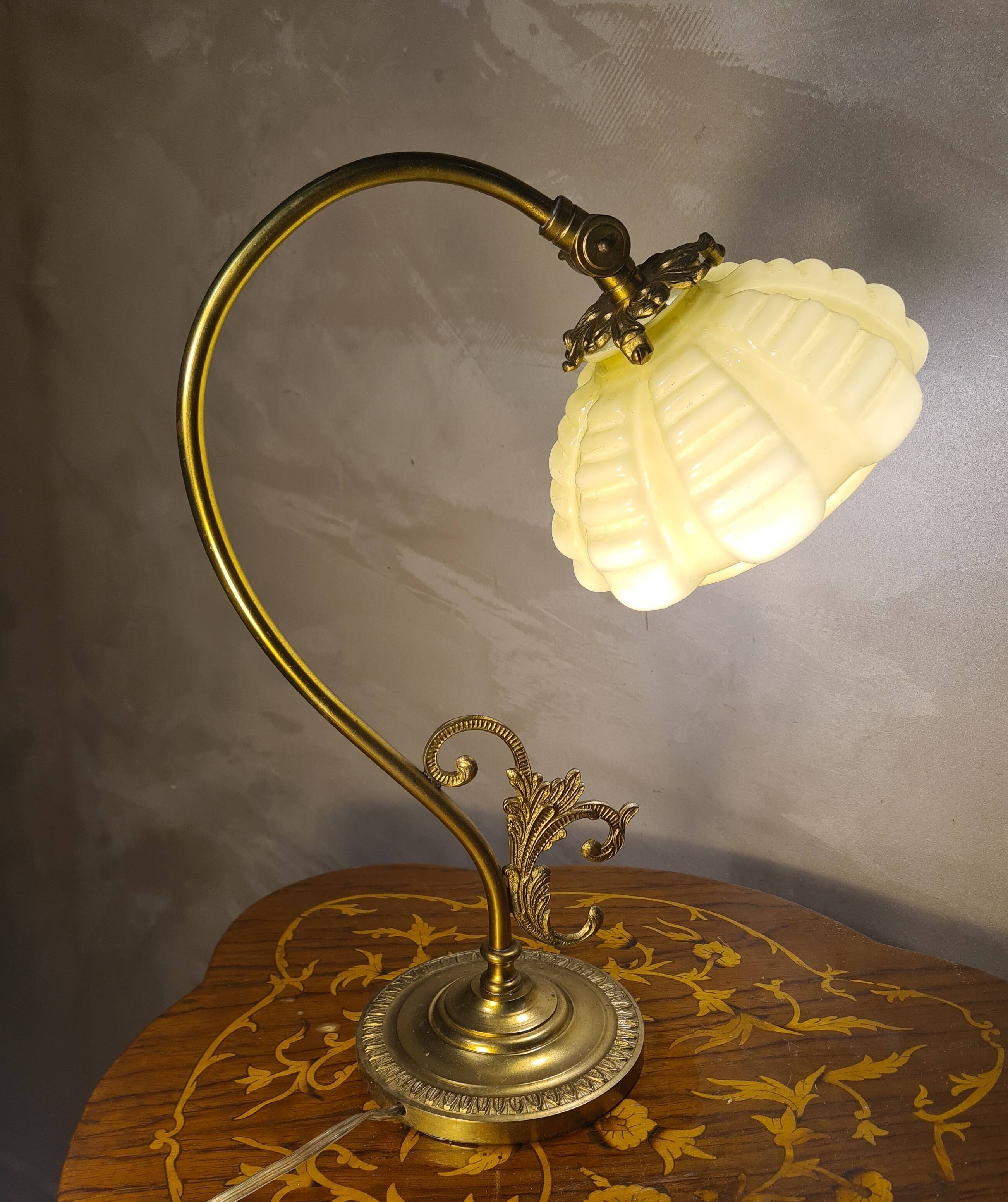 Bronze and brass lamp, opaline shade, 1950.