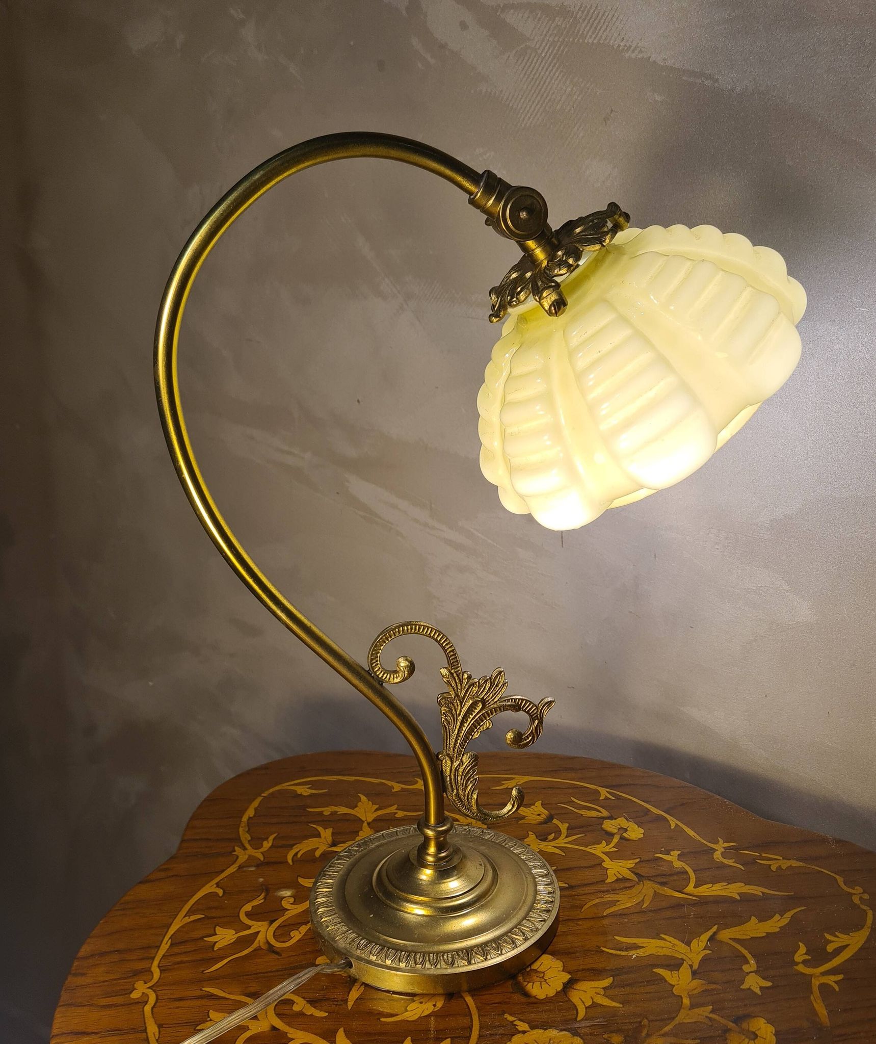 Bronze and brass lamp, opaline shade, 1950.