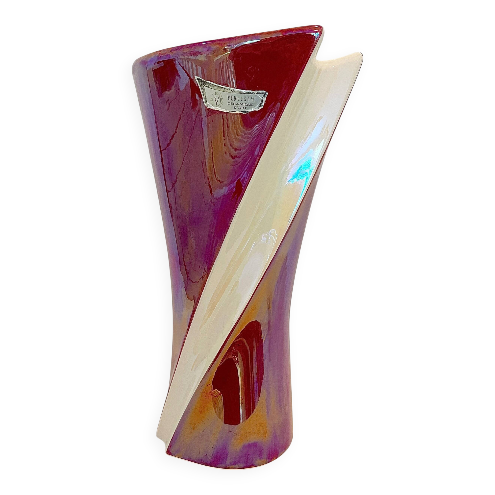 XXL - Large modernist Verceram vase in white and iridescent red ceramic