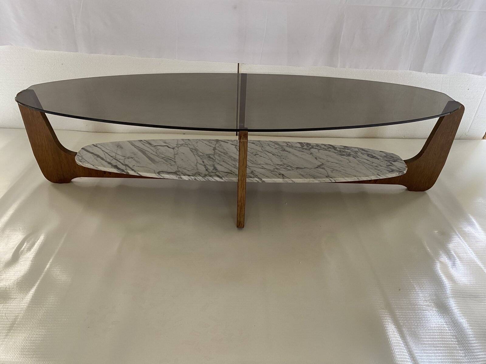Coffee table with 2 smoked glass tops and grey veined white marble