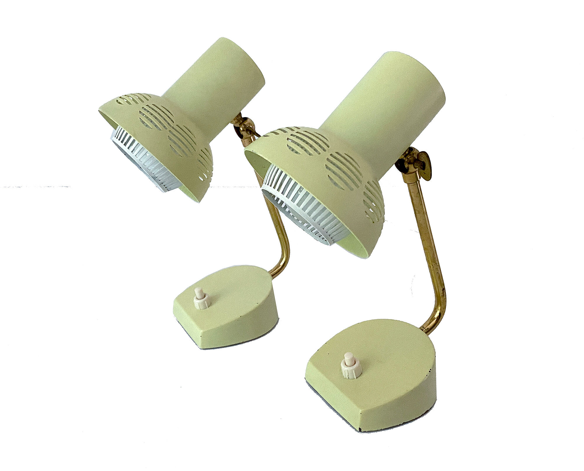 Pair of vintage 50s bedside table lamps, white yellow, laitonon, opaline