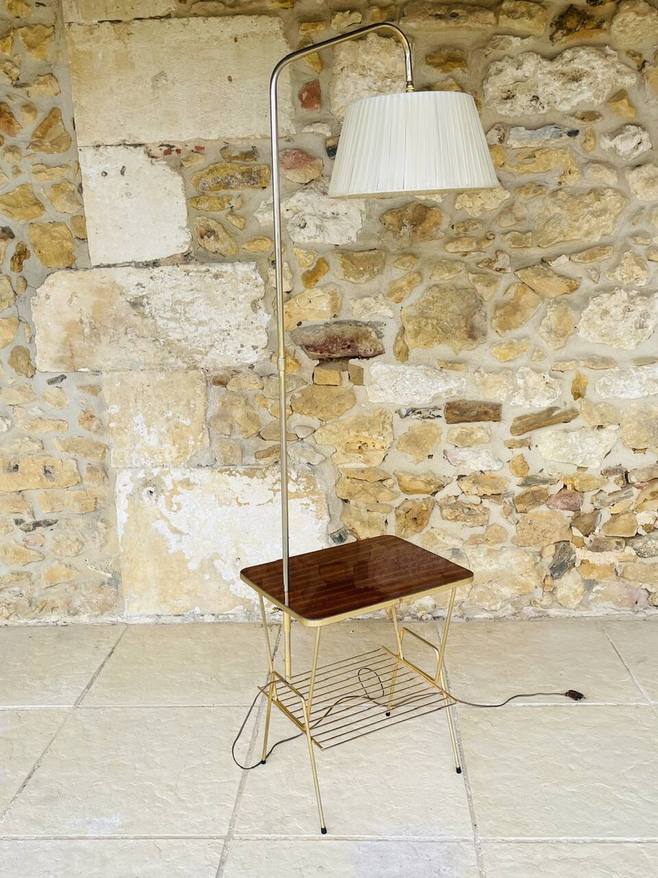 Vintage articulated floor lamp with shelf and magazine holder 1960s